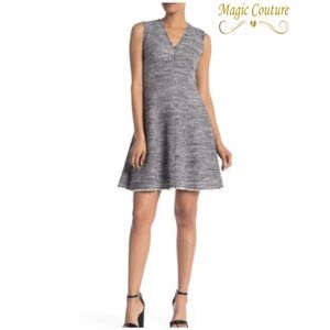 Rebecca Taylor Short Sleeve Tweed V-neck Dress in Blue Multi💙🤍💙